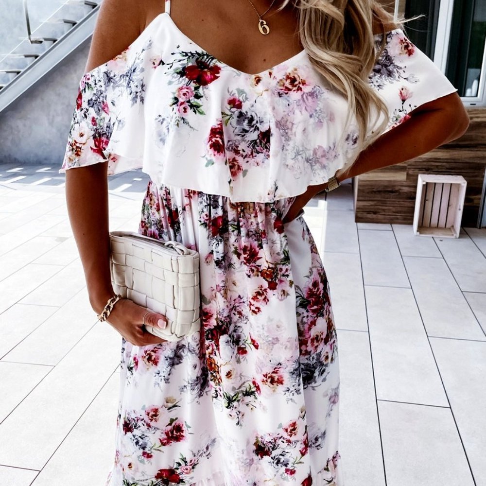 Floral Frill Detail Cold Shoulder Maxi Dress